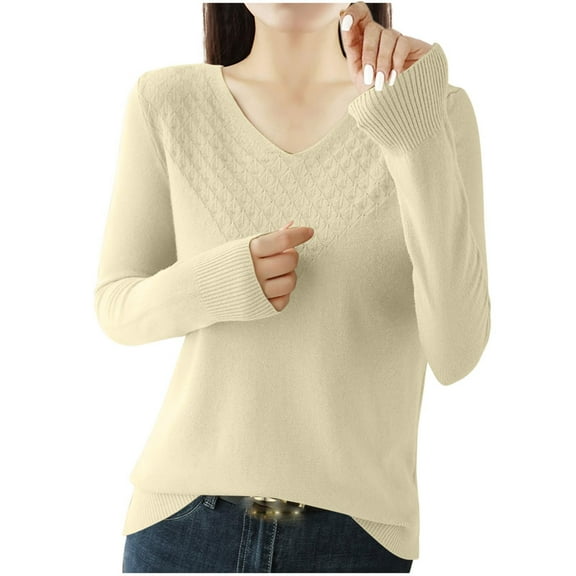 STETMN Women's Textured V Neck Sweaters Long Sleeve Comfy Knit Pullover Tops Stylish Fall Clothes