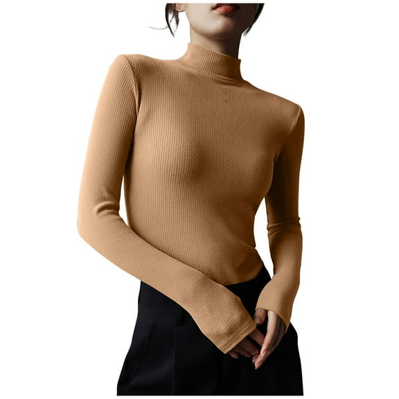 STETMN Women's Tight Ribbed Knit T-Shirt Casual Mock Neck Plain Tops Fleece Long Sleeve Thermal Shirt