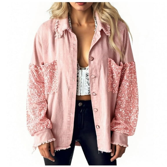STETMN Women's Trendy Denim Jacket Sequin Patchwork Long Sleeve Coat Button Down Shacket Jackets