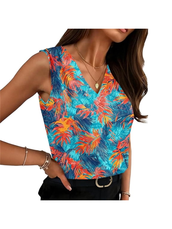 Women's Tropical Print Sleeveless Tank Top, Summer V Neck Lightweight Casual Blouse for Work