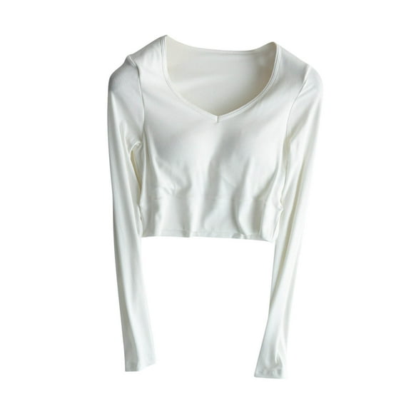 STETMN Women's V Neck Crop Tops Slim Stretchy Basic Shirt Fleece Lined Layer T-Shirt Built in Bra