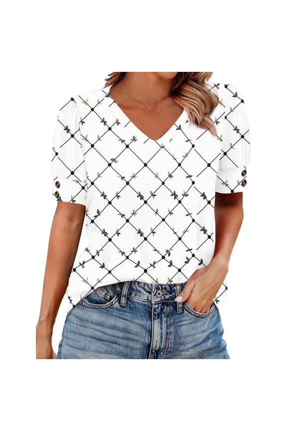 Women's V-Neck Loose Tee, Puff Short Sleeve with Button Detail, Sequin Print Trendy Casual T-Shirt