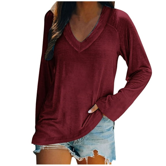 STETMN Women's V Neck Plain Top Loose Long Sleeve Layer T-Shirt Fall Lightweight Trendy Shirt