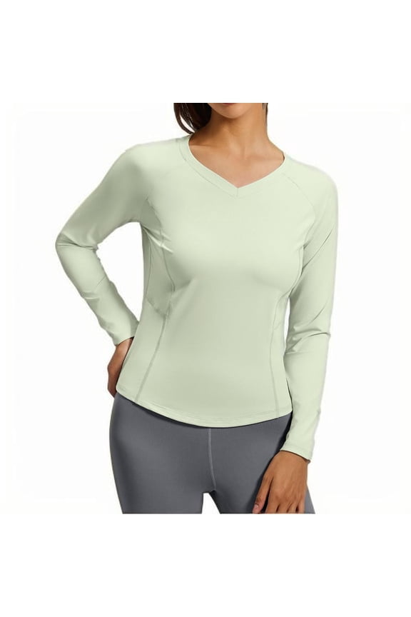 Women's V Neck Workout Tops Yoga Long Sleeve Top Loose Solid Crop T-Shirt