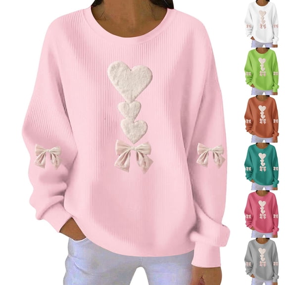 STETMN Women's Valentine's Day Loose Sweatshirt Heart Bow Graphic Print Top Long Sleeve TrendyTops