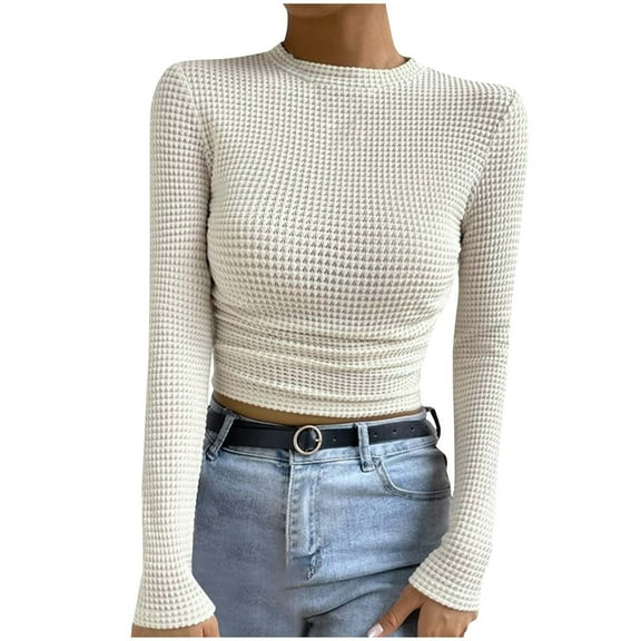 STETMN Women's Waffle Knit Tops Casual Crew Neck Fall Shirt Tight Comfy Crop Layer T-Shirt