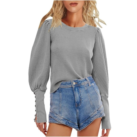 STETMN Women's Waffle Knit Tops Casual Puff Long Sleeve Shirt Elegant Crew Neck Sweatshirt