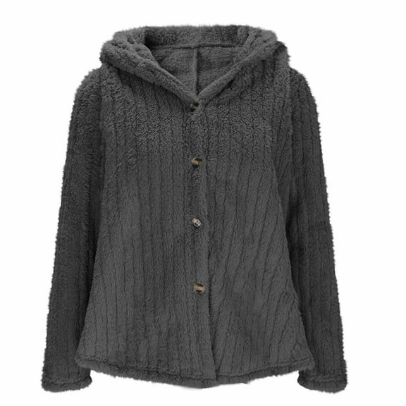 STETMN Women's Winter Hood Coat Button Up Fleece Fluffy Jacket Long Sleeve Warm Outwear
