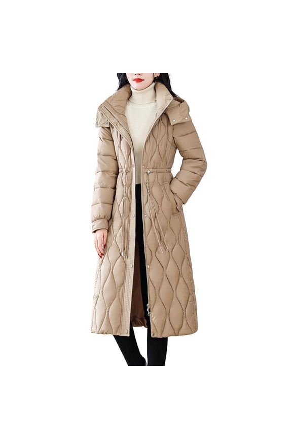 Women's Winter Hood Down Jacket Detachable Sleeve Windbreaker Long Coat Waist Drawstring Quilted Puffer Jacket