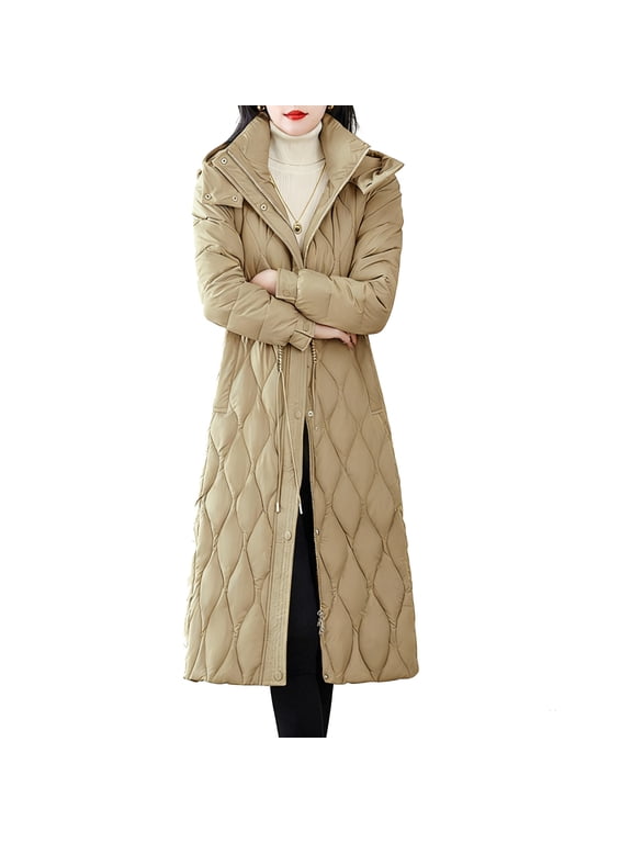 Women's Winter Hood Down Jacket Detachable Sleeve Windbreaker Long Coat Waist Drawstring Quilted Puffer Jacket