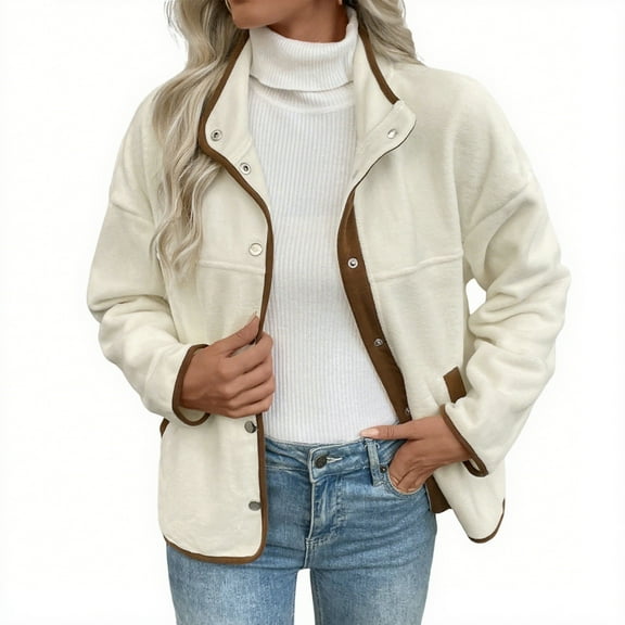 STETMN Women's Winter Polar Fleece Jacket Button Stand Collar Jackets Cozy Warm Coats