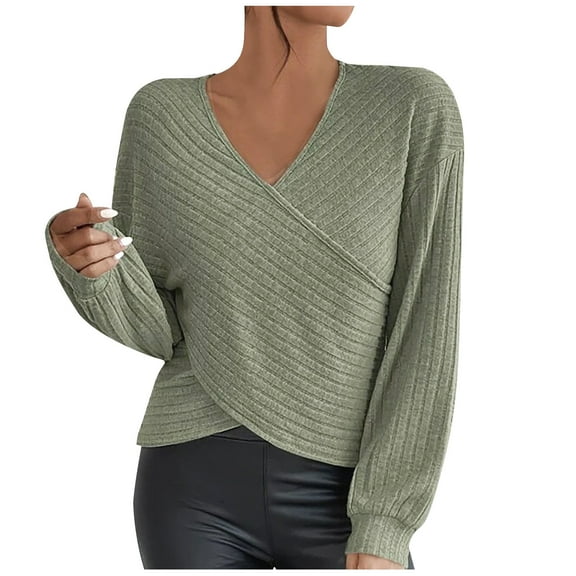 STETMN Women's Wrap Sweater Crop Long Sleeve Knit Tops V Neck Trendy Cozy Knitwear Shirt