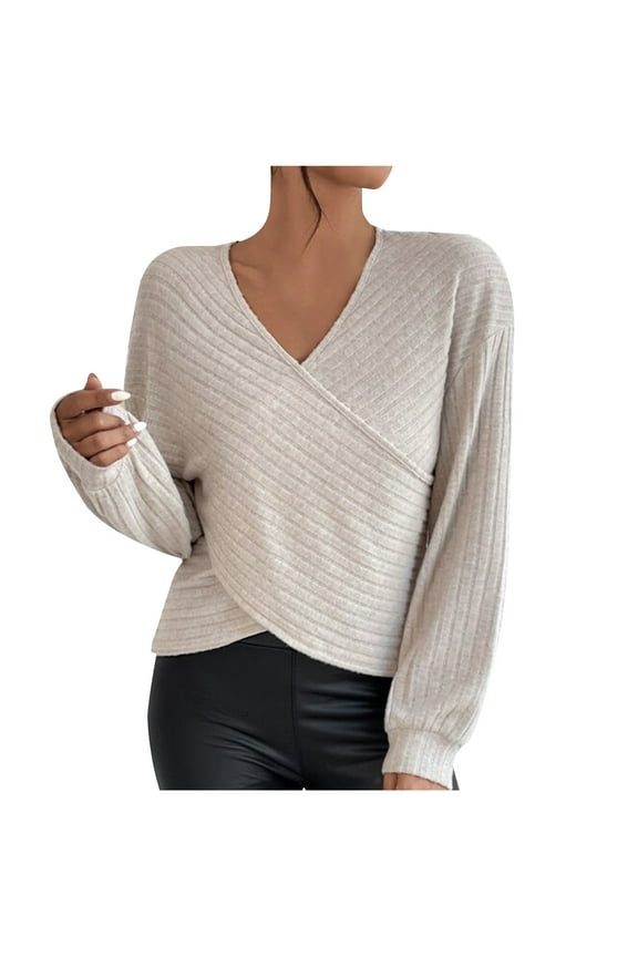 Women's Wrap Sweater Crop Long Sleeve Knit Tops V Neck Trendy Cozy Knitwear Shirt