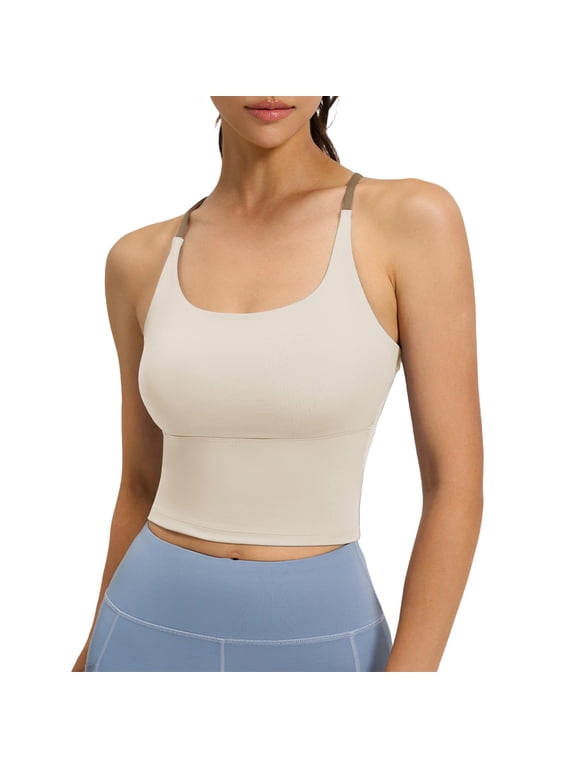 Women's Yoga Bra Racerback Crop Tank Top Stretch Longline Workout Tops with Built in Pads