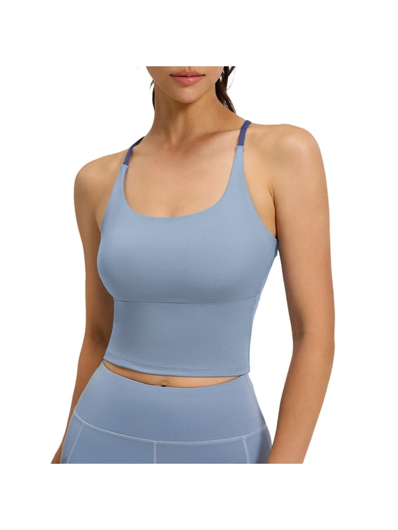 Women's Yoga Bra Racerback Crop Tank Top Stretch Longline Workout Tops with Built in Pads