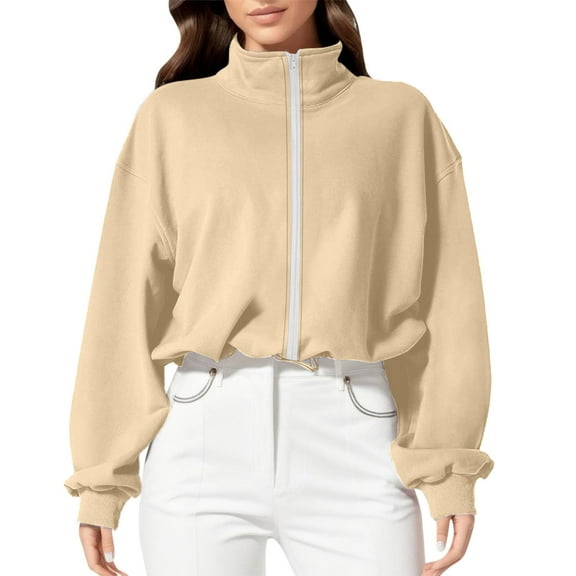 STETMN Women's Zip Up Jacket Loose Casual Long Sleeve Crop Jackets Drawstring Hem Fall Coat