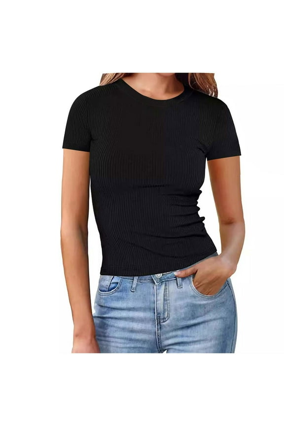Womens Basic T Shirts Cotton Short Sleeve Fitted Slim Tops Trendy Casual Shirts