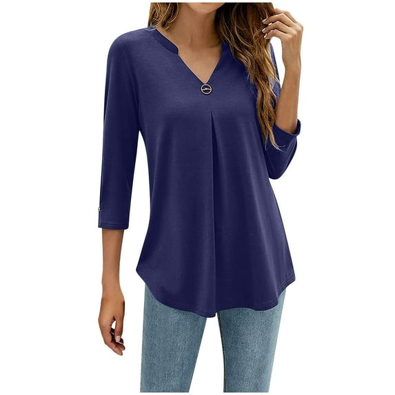 STETMN Womens Cotton Tunic Tops Long Sleeve V Neck Tops Casual Loose Pleated Blouses