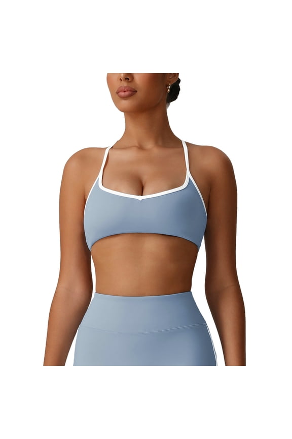 STETMN Womens Halter Push Up Sports Bra V Neck Contrast Binding Padded Solid Yoga Workout