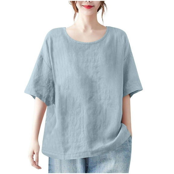 Womens Linen Tops Loose Fit Cotton Short Sleeve Blouses Casual Summer Outfits