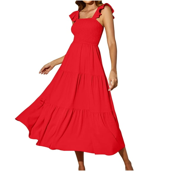 STETMN Womens Maxi Dresses Ruffle Sleeve V Neck Dress Flowy Slit Tiered Dress Boho Sundresses