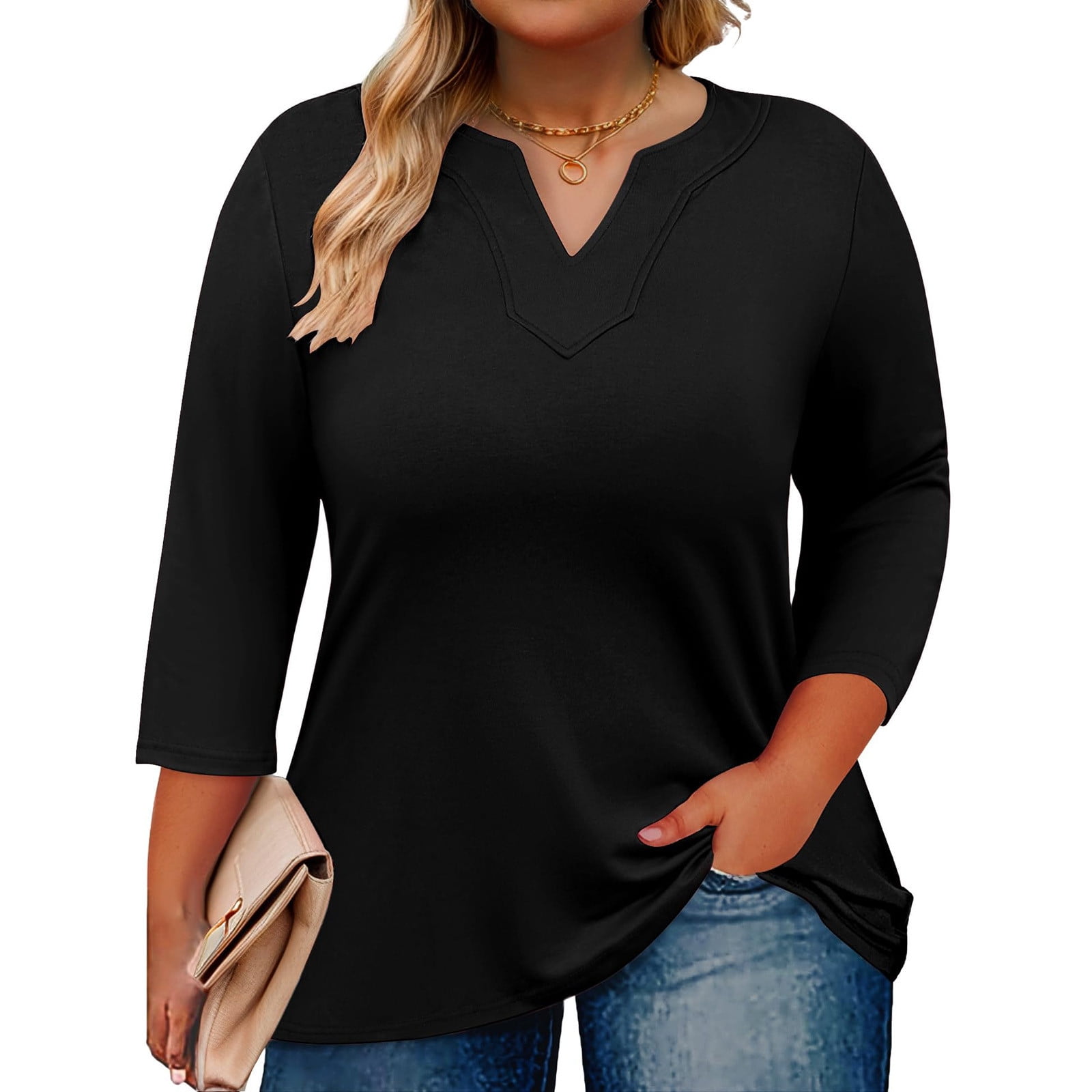 Women's 3/4 Sleeve Polka Dot Top – V-Neck Loose Blouse, Casual Summer T-Shirt