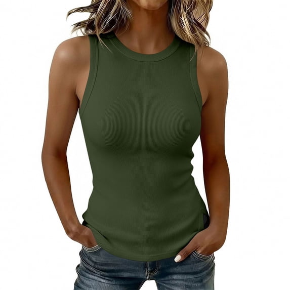 SPZTSX Womens Ribbed Racerback Tank Top Crew Neck Form Fitting Sleeveless Casual Basic Layering Tops
