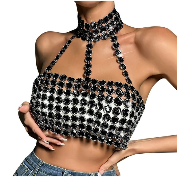 STETMN Womens Sequin Bralette Sparkle Crystal Rhinestone Chain Crop Top Sequin Club Party Nightclub Outfit