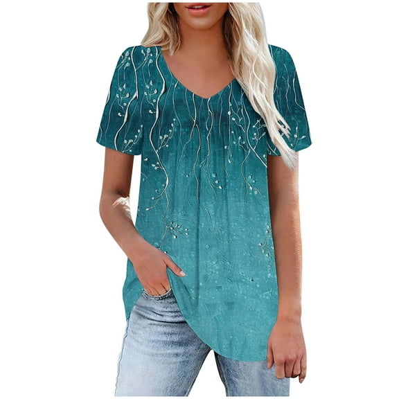 STETMN Womens Short Sleeve Tunic Tops Flowy Pleated V Neck Blouses Summer Casual Cute Loose Shgirts