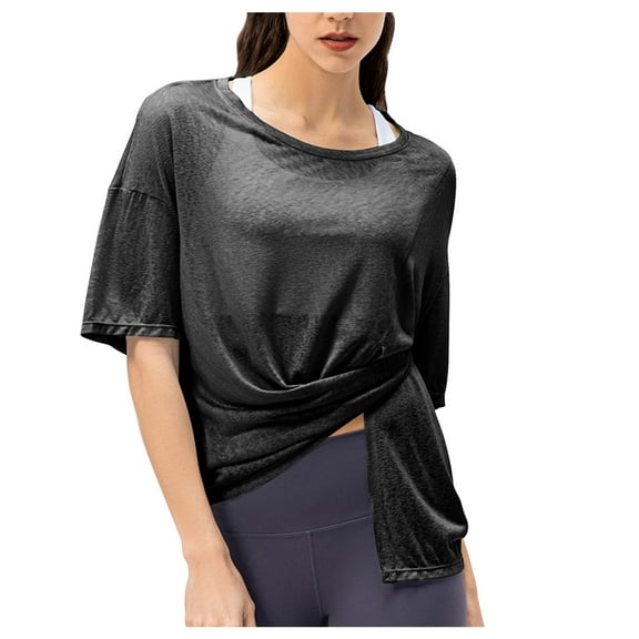 Women Sheer Mesh Top Sexy See Through Side Split Half Sleeve Tees Loose Summer Shirts