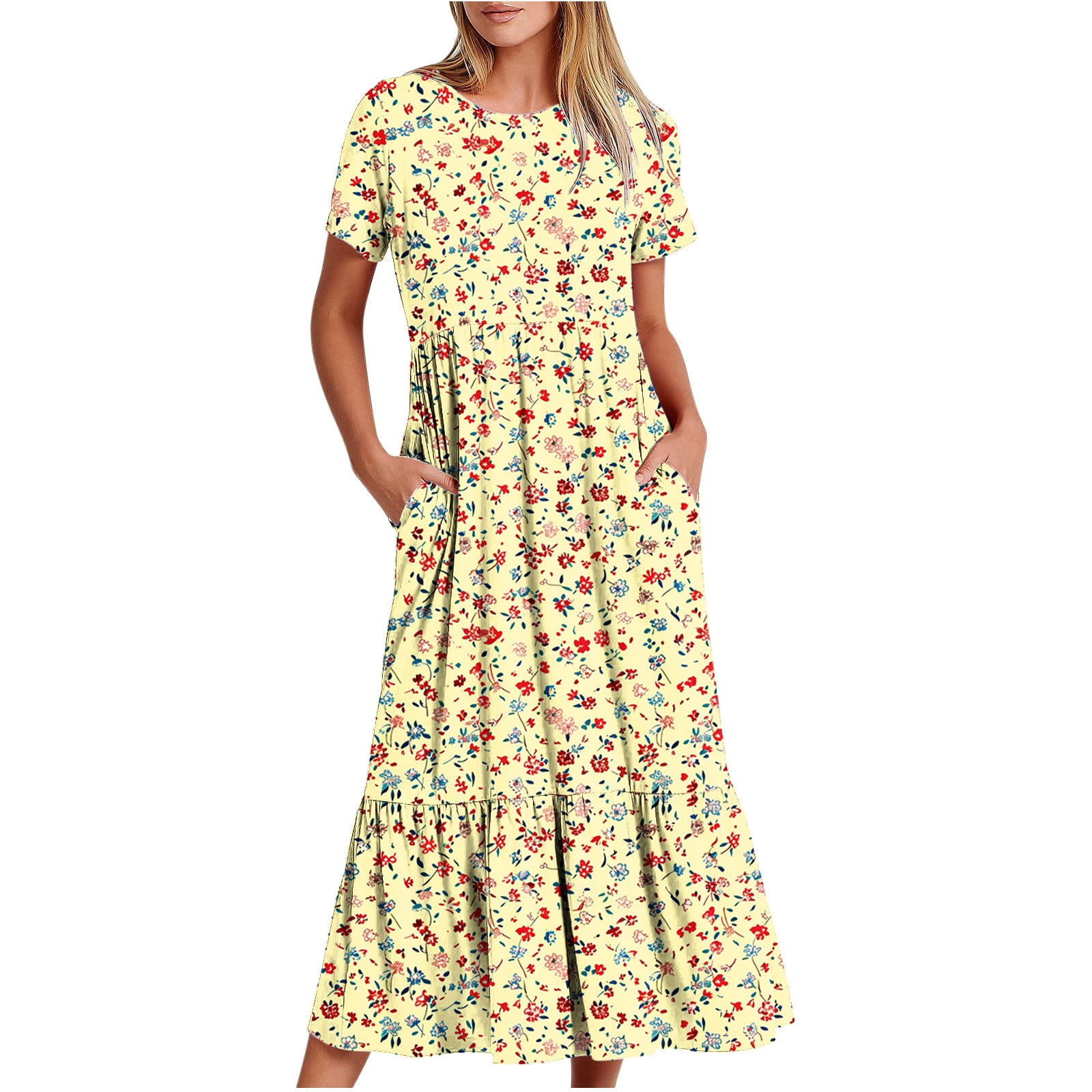 Women's Floral Maxi Dress - Summer Ruffle Sleeve Smocked Tiered Dress, Casual Beach Wedding Guest Outfit - View #2