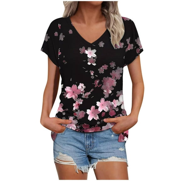 STETMN Womens Summer Tops Floral Print Short Sleeve Blouses Trendy Casual Loose Fit Vacation Tee