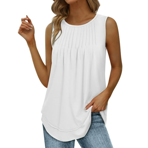 STETMN Womens Summer Tops Sleeveless Tunic Tops Dressy V Neck T Shirts Loose Fit Summer Pleated Blouses