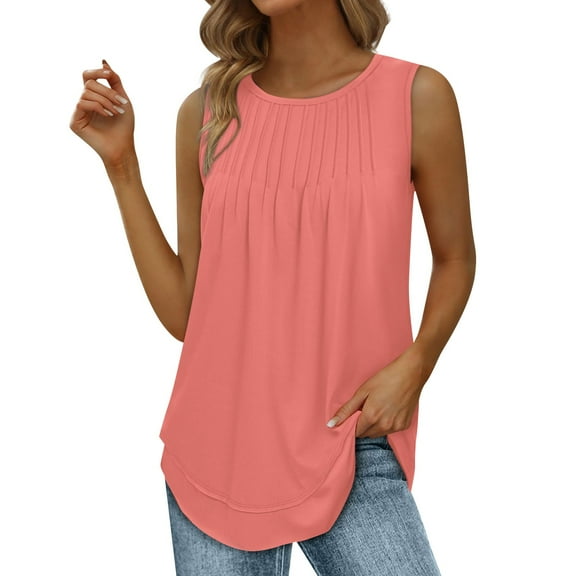 STETMN Womens Summer Tops Sleeveless Tunic Tops Dressy V Neck T Shirts Loose Fit Summer Pleated Blouses