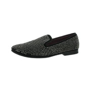 STEVE MADDEN Mens Black Notched Embellished Padded Caviar Rhinestone Almond Toe Slip On Leather Loafers Shoes 8.5