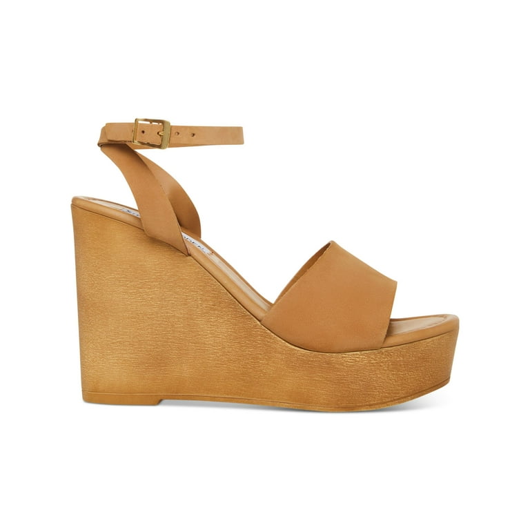 STEVE MADDEN Womens Beige 1 1 2 Platform Ankle Strap Padded Welsh Round Toe Wedge Buckle Leather Heeled Sandal 9.5 M