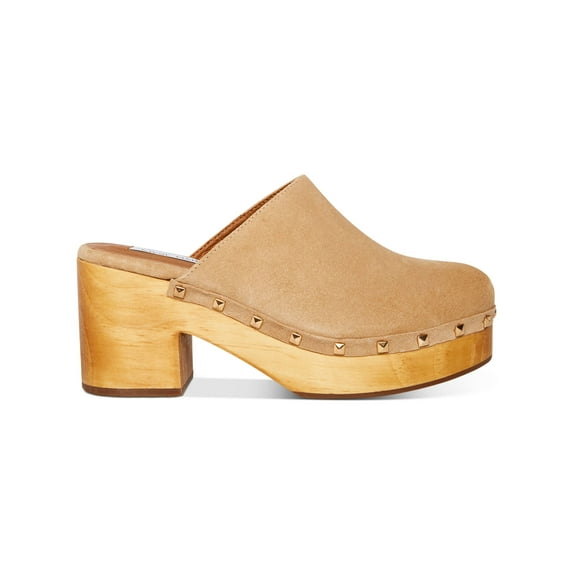STEVE MADDEN Womens Beige 1-1/2" Platform Studded Padded Brooklyn Round Toe Block Heel Slip On Leather Clogs 8.5 M