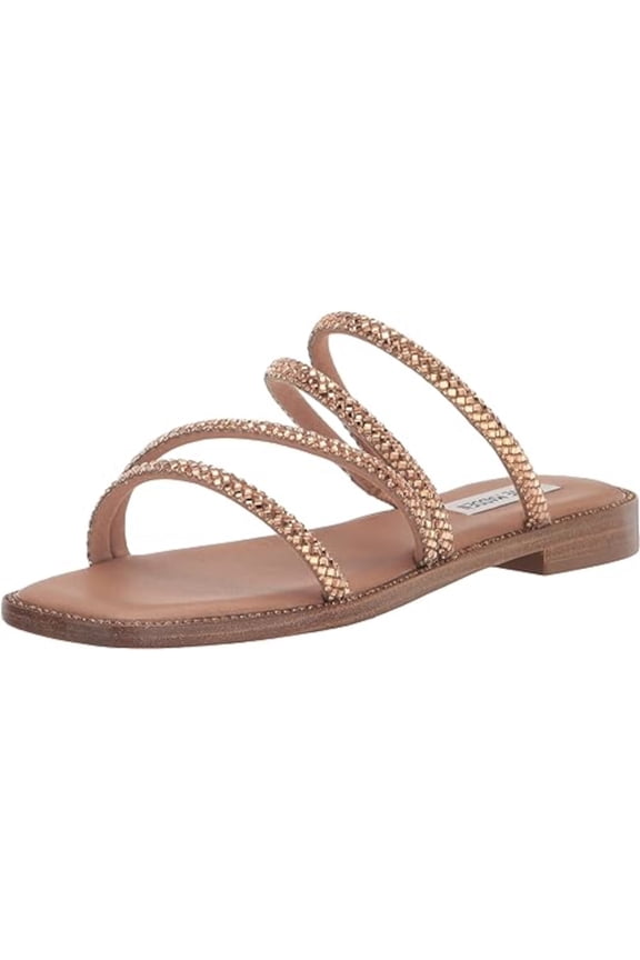 Womens Beige Cushioned Asymmetrical Rhinestone Starie Square Toe Block Heel Slip On Slide Sandals Shoes 7.5 M