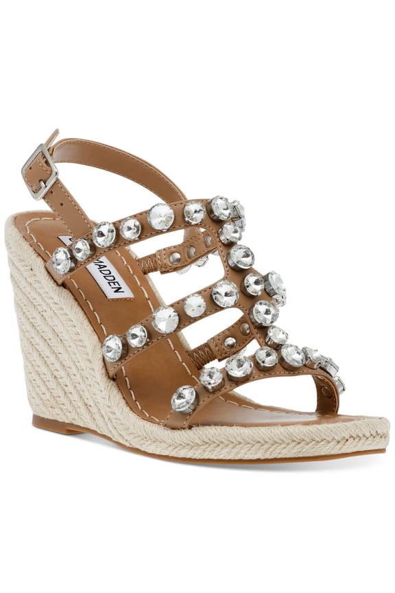 Womens Beige Gem Accent Strappy Upright Square Toe Wedge Buckle Espadrille Shoes 8.5