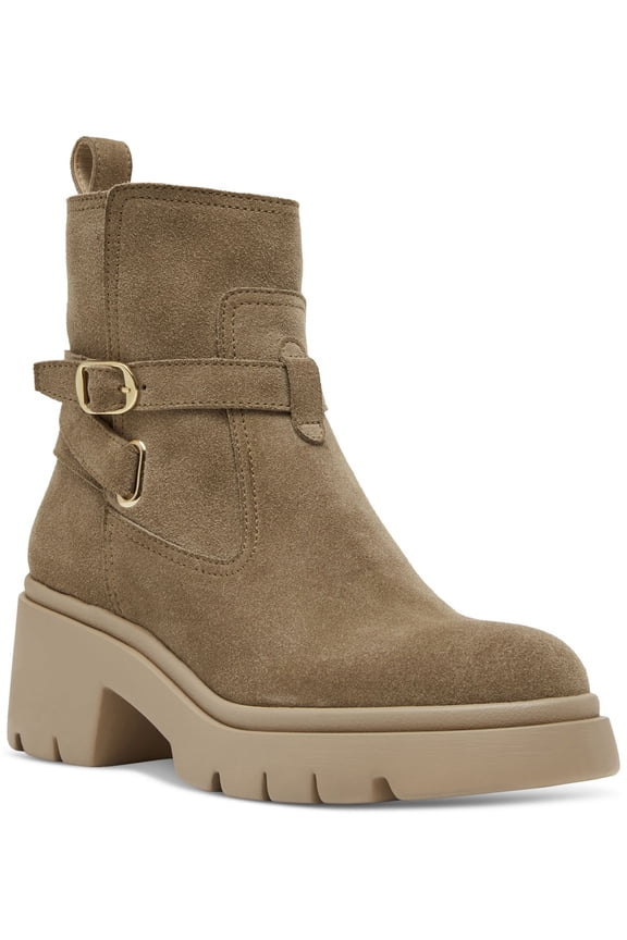 Womens Beige Treaded Heel Pull-Tab Bucke Accent Ankle Strap Padded Lug Sole Colletta Almond Toe Zip-Up Leather Moto 7.5 M