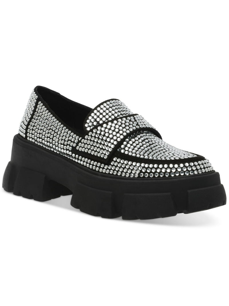 STEVE MADDEN Womens Black Rhinestone Lug Sole Trifecta Round