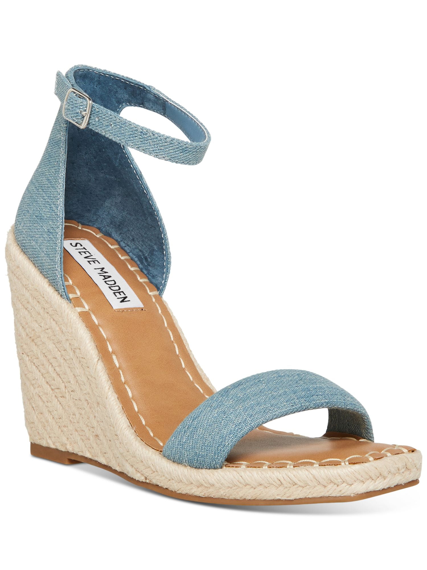 STEVE MADDEN Womens Blue Ankle Strap Comfort Submit Square Toe Wedge