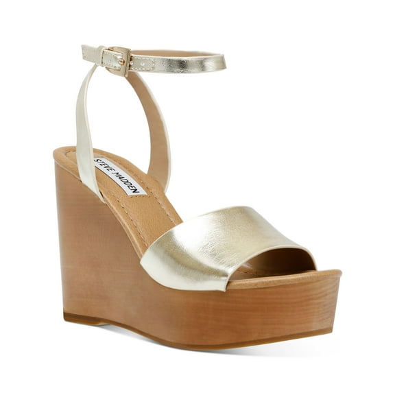STEVE MADDEN Womens Gold 1.5 Platform Padded Metallic Adjustable Ankle Strap Welsh Round Toe Wedge Buckle Leather Heeled Sandal 10 M