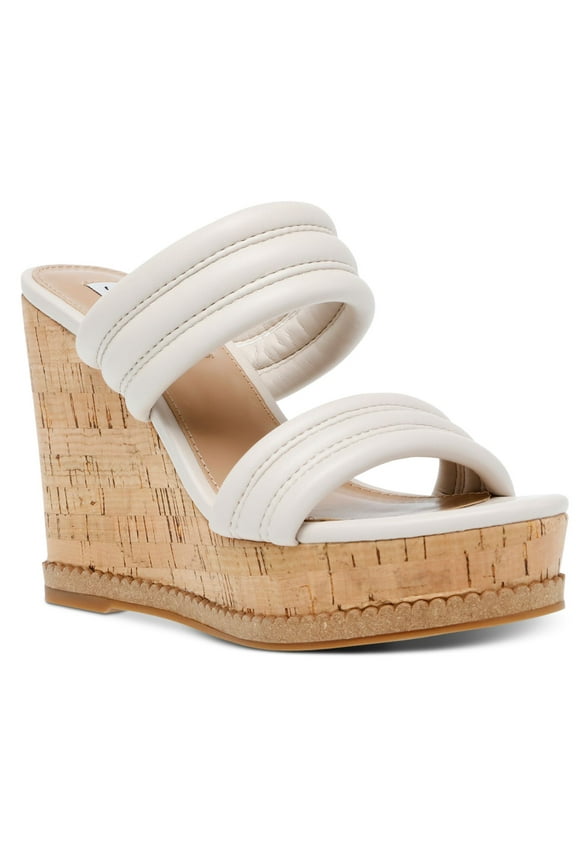 Womens Ivory 1-1/2" Platform Cork-Like Scalloped Trim Quilted Padded Wipeout Round Toe Wedge Slip On Heeled Sandal 10
