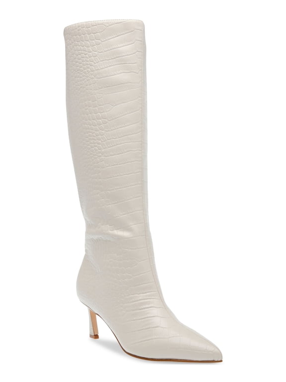 Womens Ivory Croc Padded Lavan Pointed Toe Kitten Heel Leather Dress Boots 5 M