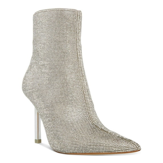 STEVE MADDEN Womens Silver Rhinestone Metallic Elysia Pointed Toe Stiletto Zip-Up Booties 7.5 M