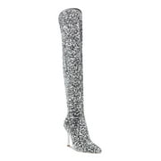 STEVE MADDEN Womens Silver Sequined Padded Vivee Pointed Toe Sculpted Heel Zip-Up Heeled Boots 6.5 M