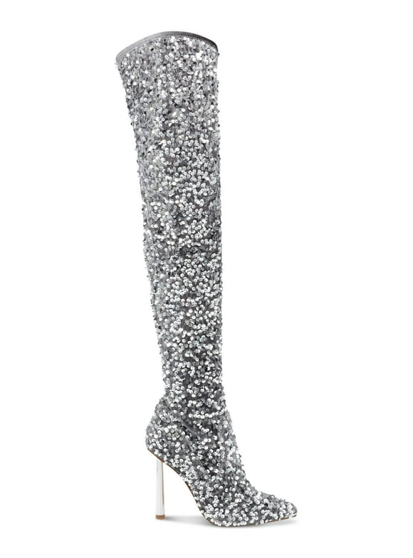 STEVE MADDEN Womens Silver Sequined Padded Vivee Pointed Toe Sculpted Heel Zip-Up Heeled Boots 7 M