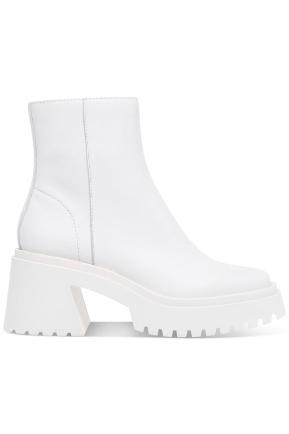 Womens White 1-1/2" Platform Comfort Treaded Fella Square Toe Block Heel Zip-Up Leather Booties 5.5 M