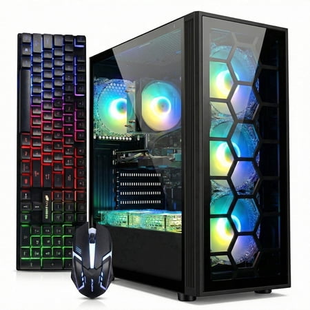 STGAubron Gaming PC Computer, AMD Ryzen 5 2400G, RX 580 16G, 16GB DDR4, 512GB SSD, WiFi 6, BT 5.0, RGB Fan x 6, Win 11 Home